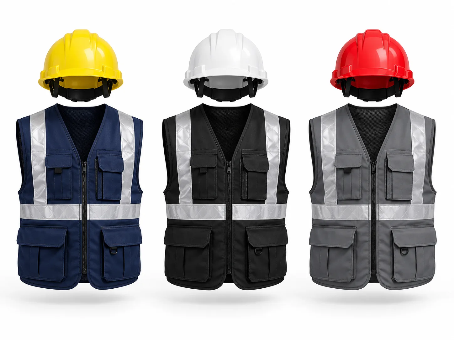 Equipo de protección personal por área: casco amarillo con chaleco azul marino, casco blanco con chaleco negro y casco rojo con chaleco gris
