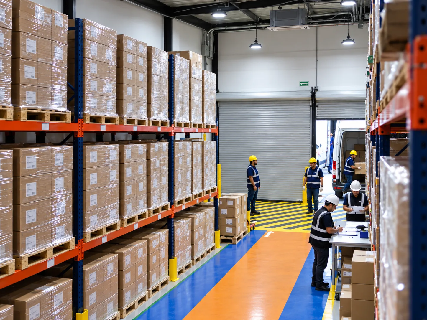 Equipo operativo de ADEMEX en el centro de distribución, con racks de medicamentos y andén de carga