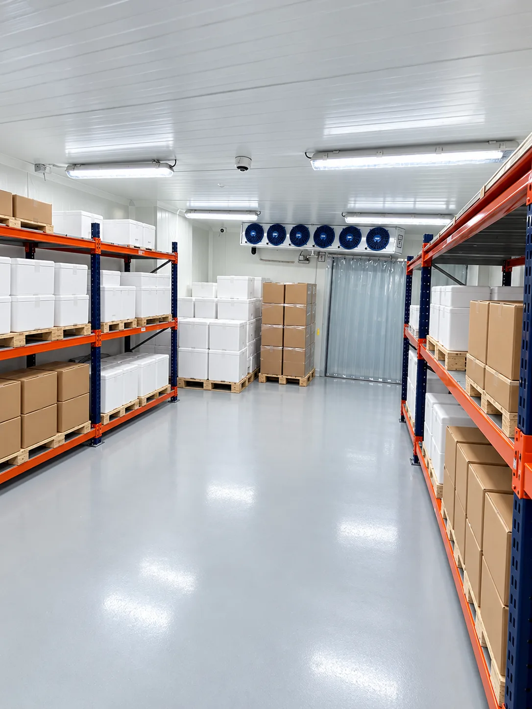Cámara de red fría de ADEMEX con racks, contenedores térmicos y evaporadores de refrigeración