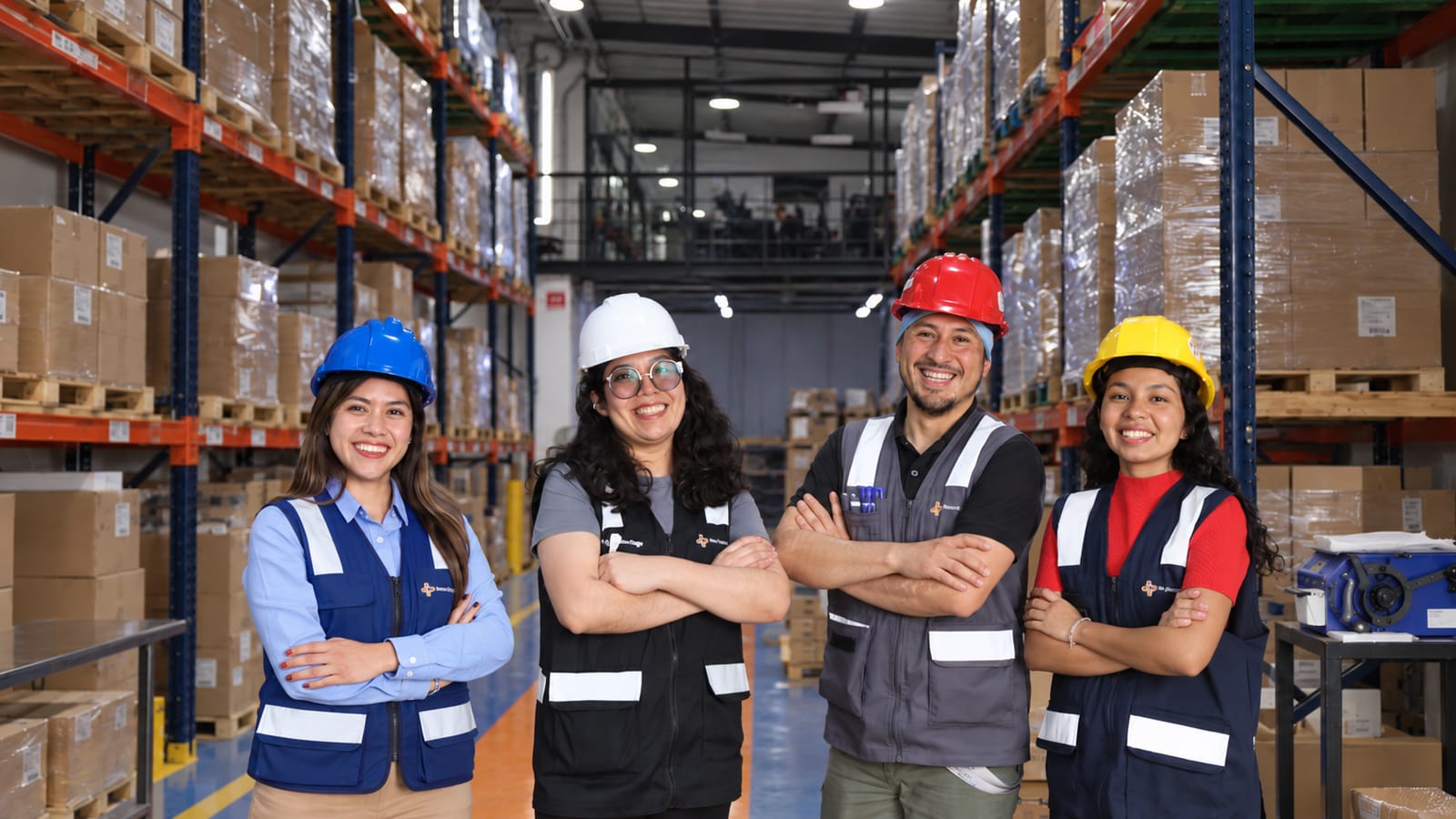 Equipo de ADEMEX con casco y chaleco en el almacén